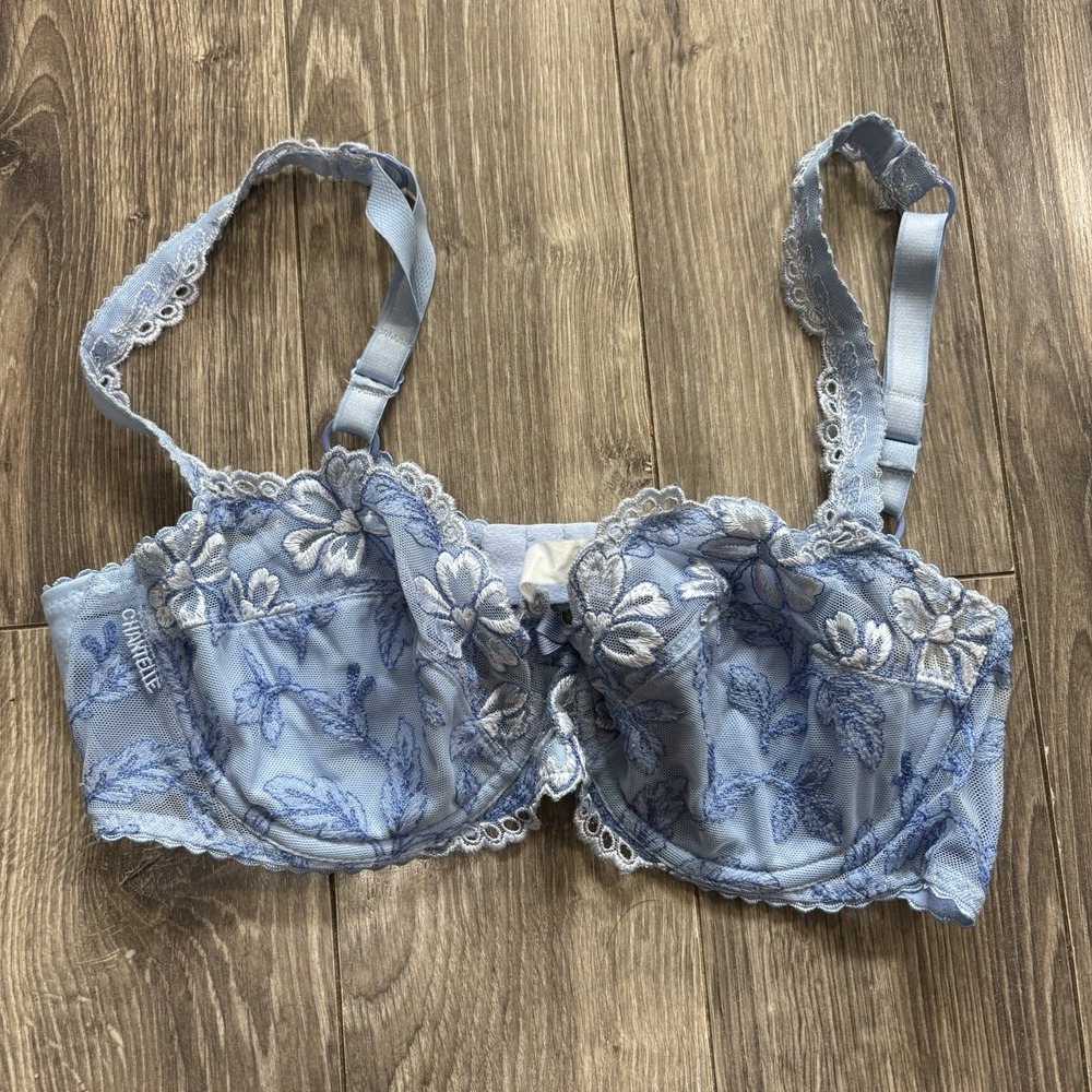 Vintage Chantelle Bra 36C Blue Floral Embroidered Lace Underwire Sheer France